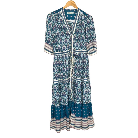 FP To Love Womens V Neck Button Up Midi Dress Medium Blue Pink Drawstring Waist - Picture 2 of 7